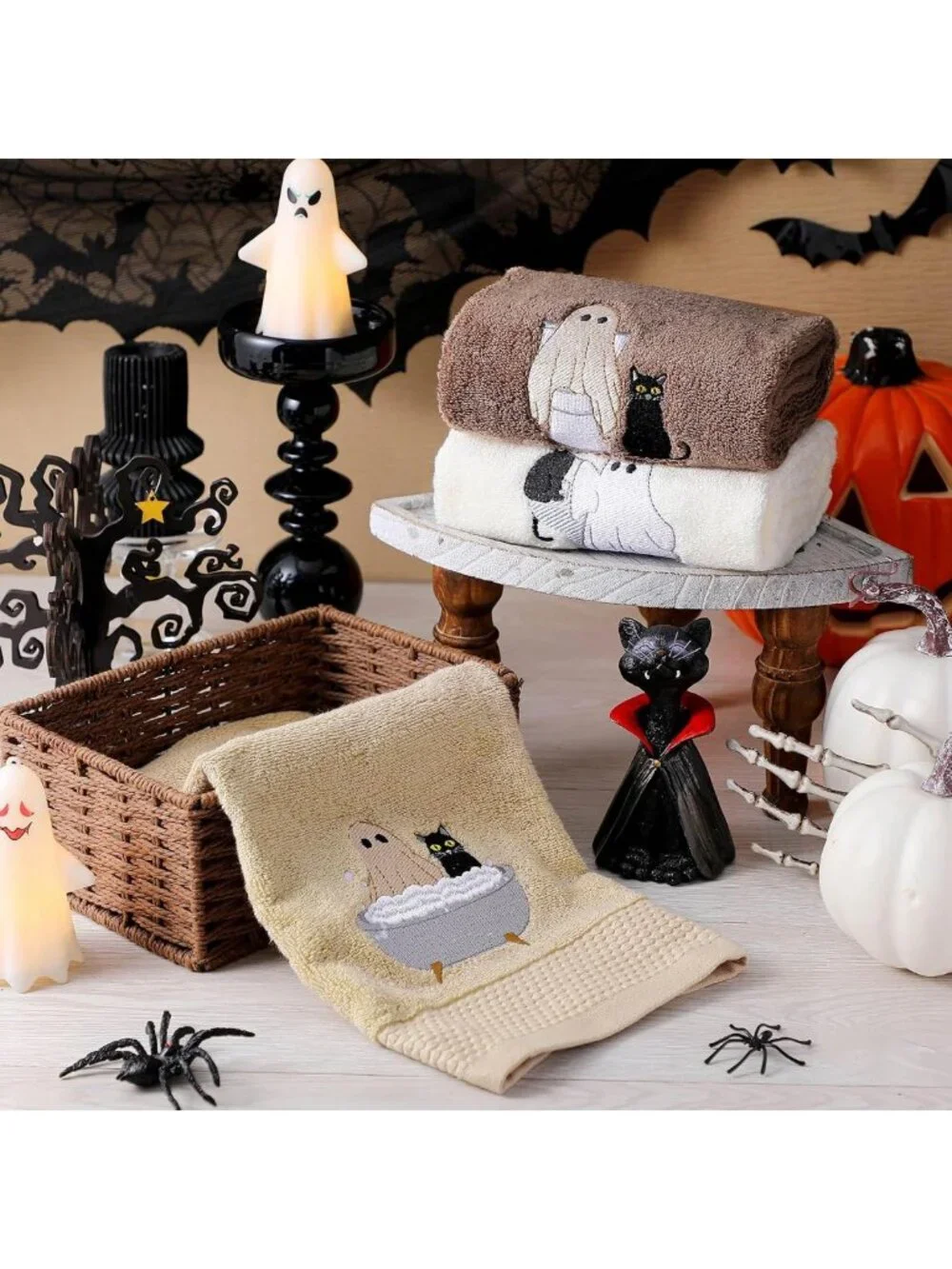 Set of 3 Brown Halloween Ghost Cat Hand Towels for Festive Bathroom Decor